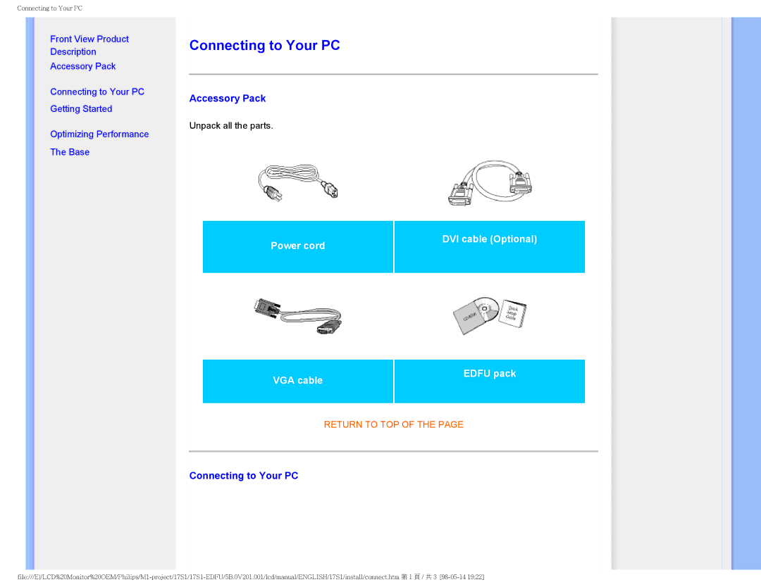 Philips 17S1SB/00 user manual Connecting to Your PC, Accessory Pack 