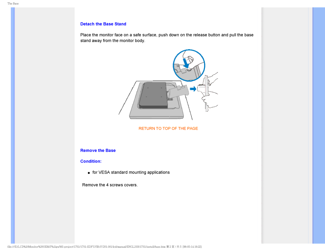 Philips 17S1SB/00 user manual Detach the Base Stand, Remove the Base Condition 