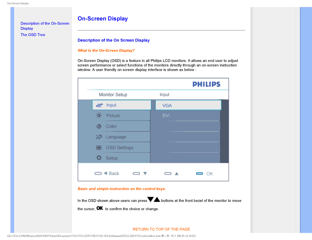 Philips 17S1SB/00 user manual On-Screen Display, Description of the On Screen Display 