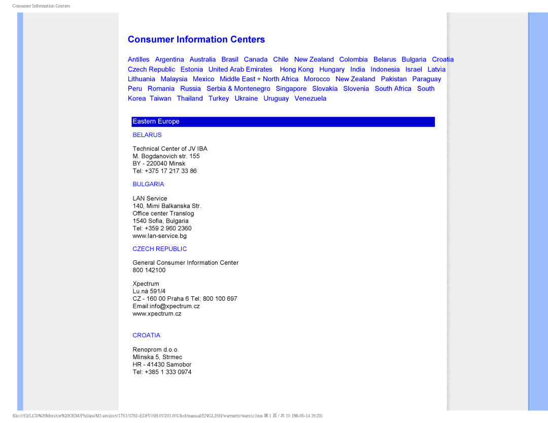 Philips 17S1SB/00 user manual Consumer Information Centers 