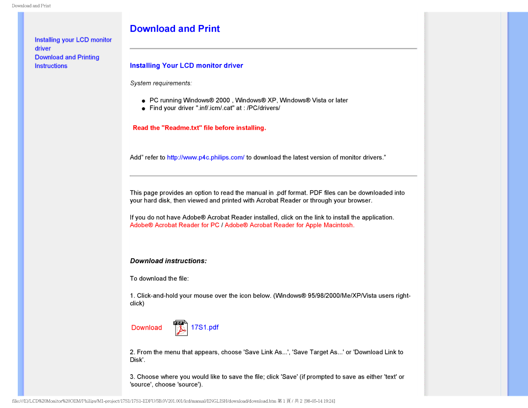 Philips 17S1SB/00 user manual Download and Print, Installing Your LCD monitor driver 