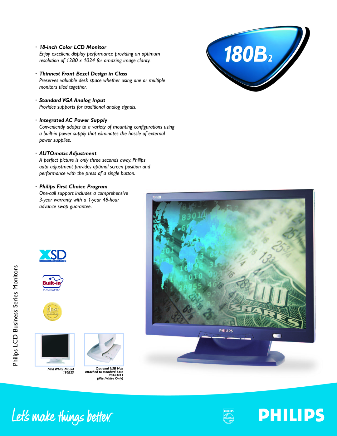 Philips 180B2 warranty Philips LCD Business Series Monitors, · 18-inchColor LCD Monitor, ·Standard VGA Analog Input 
