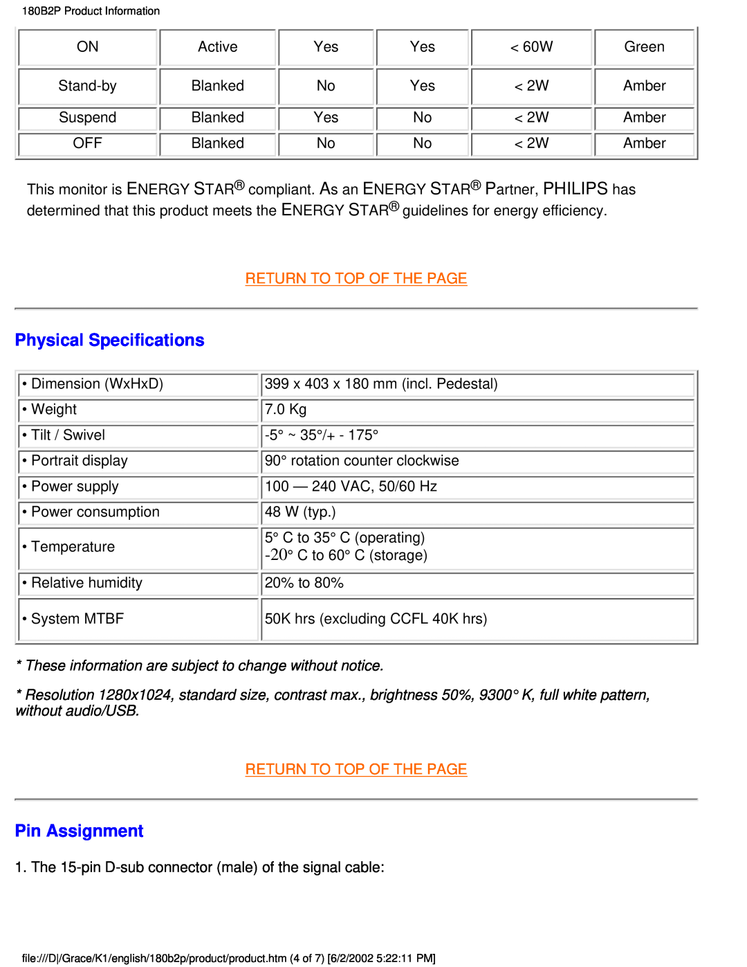 Philips 180B2P user manual Physical Specifications, Pin Assignment, Return To Top Of The Page 