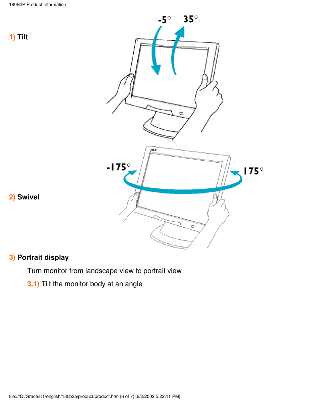 Philips 180B2P user manual Tilt Swivel Portrait display 