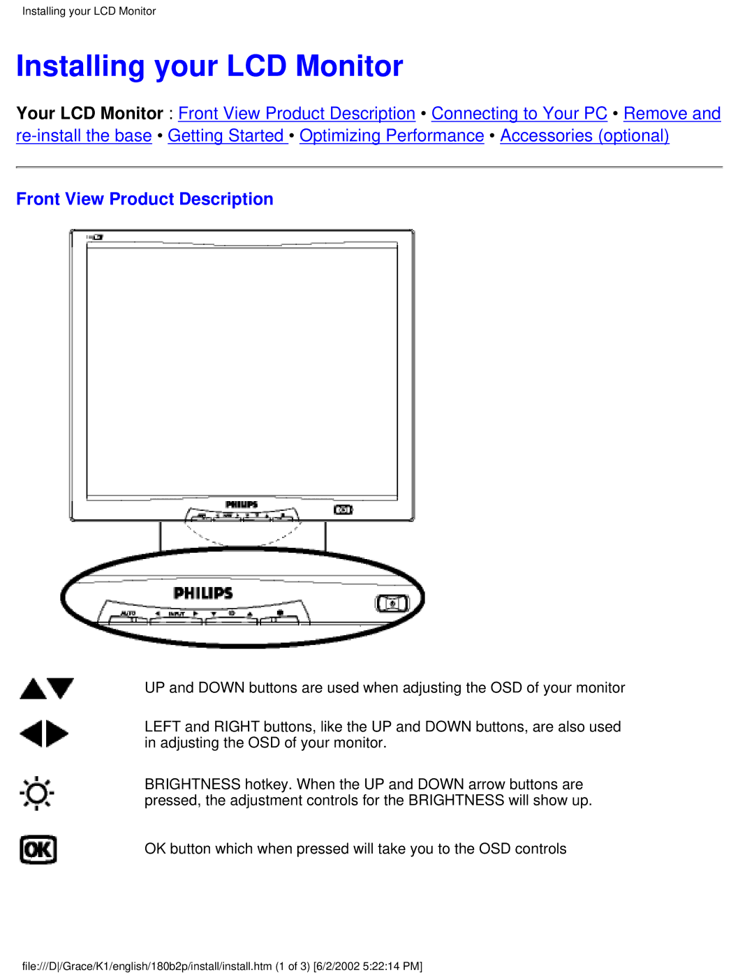 Philips 180B2P user manual Installing your LCD Monitor, Front View Product Description 