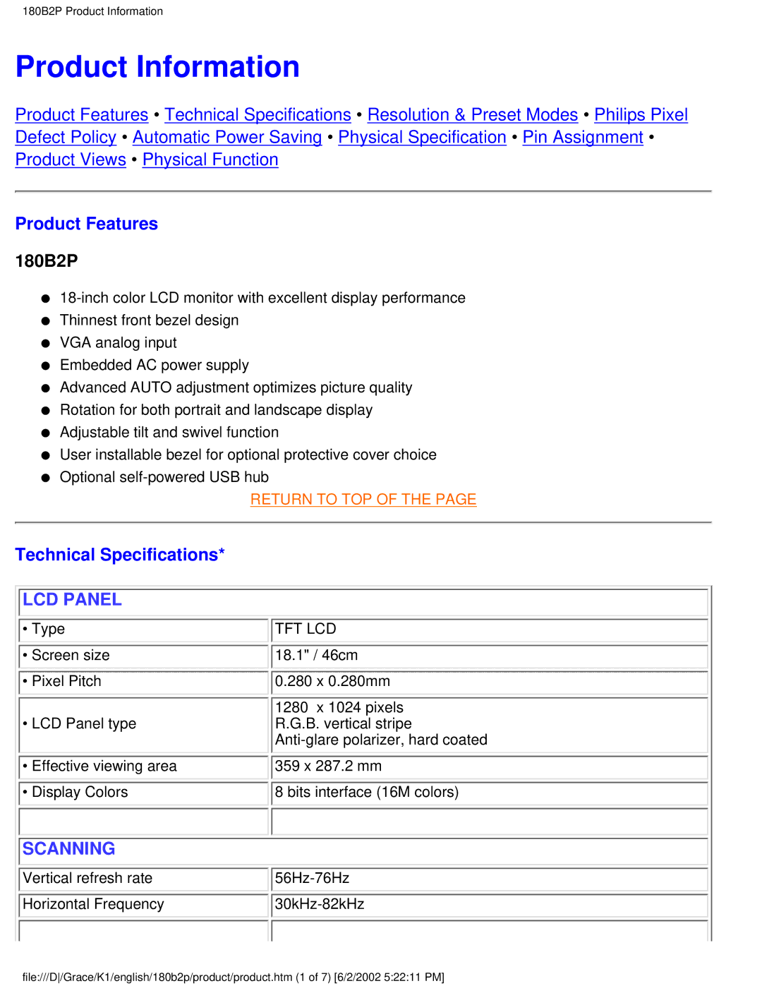 Philips 180B2P user manual Product Information, Product Features, Technical Specifications 