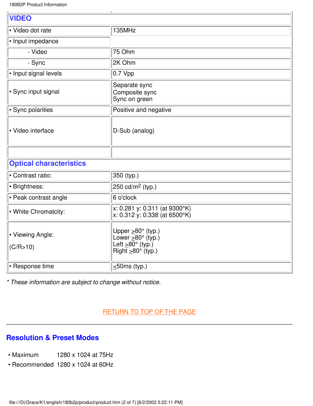 Philips 180B2P user manual Video, Resolution & Preset Modes 