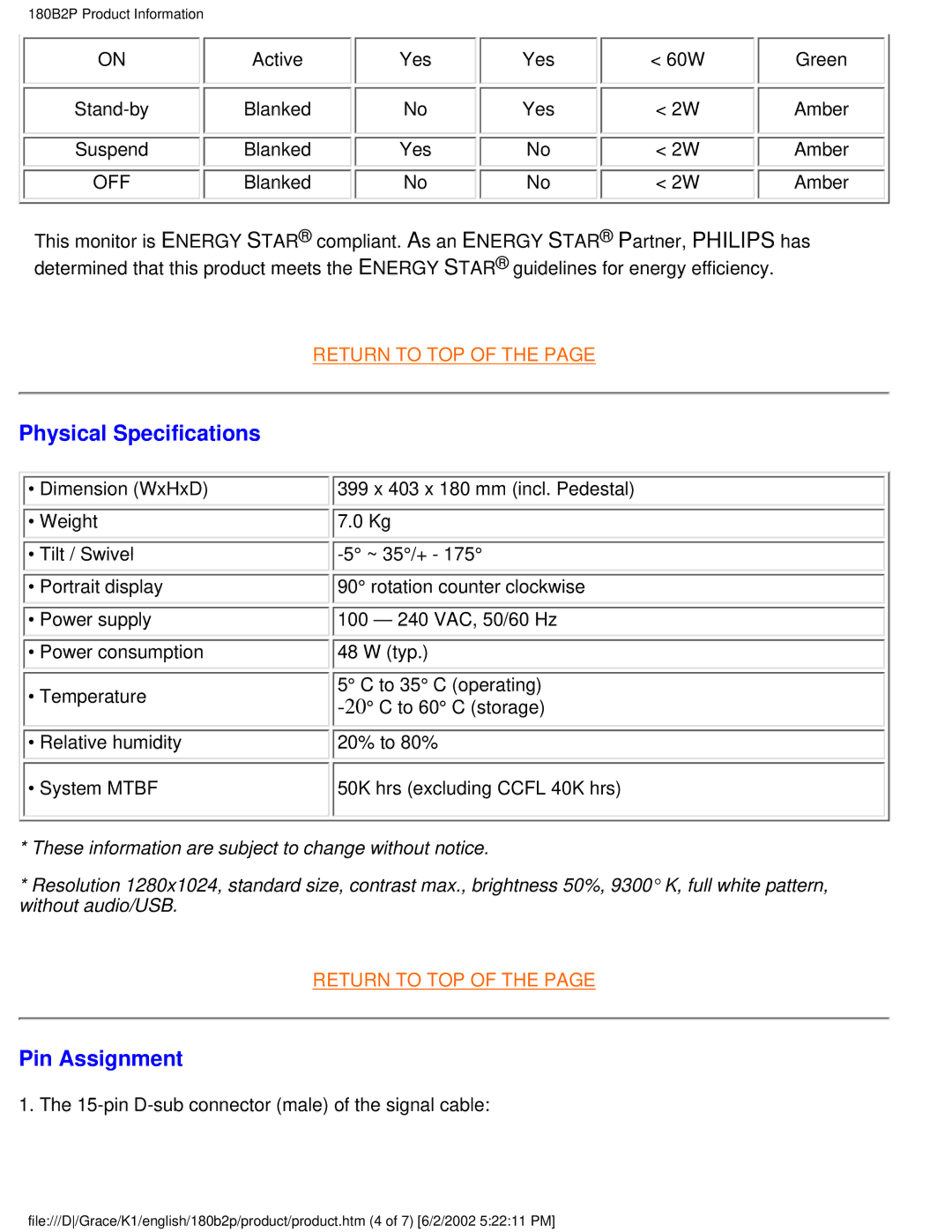 Philips 180B2P user manual Physical Specifications, Pin Assignment 