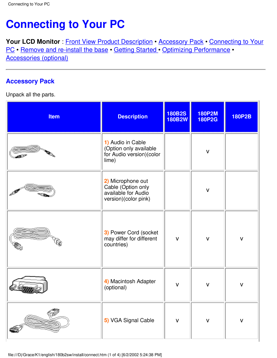 Philips 180B2S user manual Connecting to Your PC, Accessory Pack 