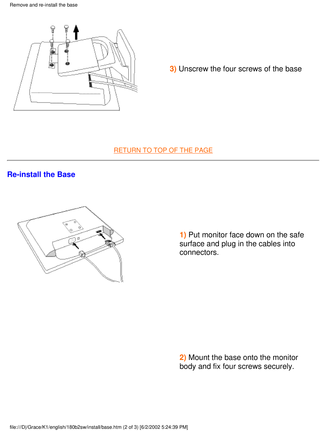 Philips 180B2S user manual Unscrew the four screws of the base, Re-install the Base 