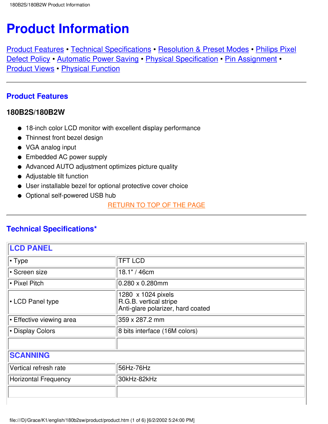 Philips 180B2S user manual Product Information, Product Features, Technical Specifications 