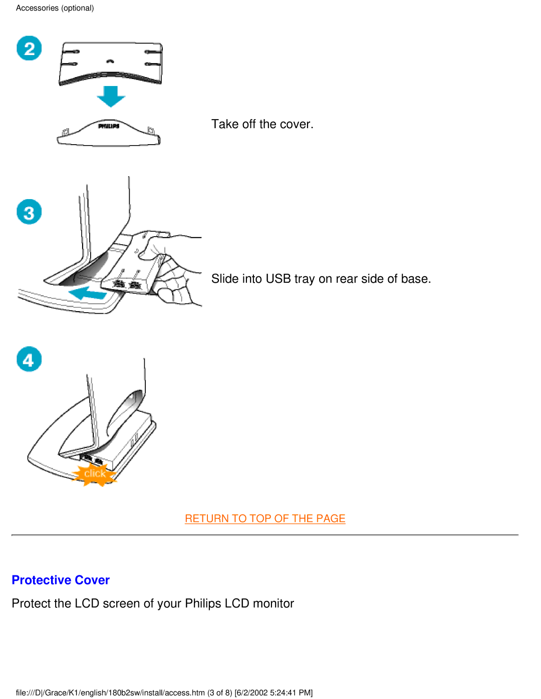 Philips 180B2S user manual Take off the cover Slide into USB tray on rear side of base, Protective Cover 