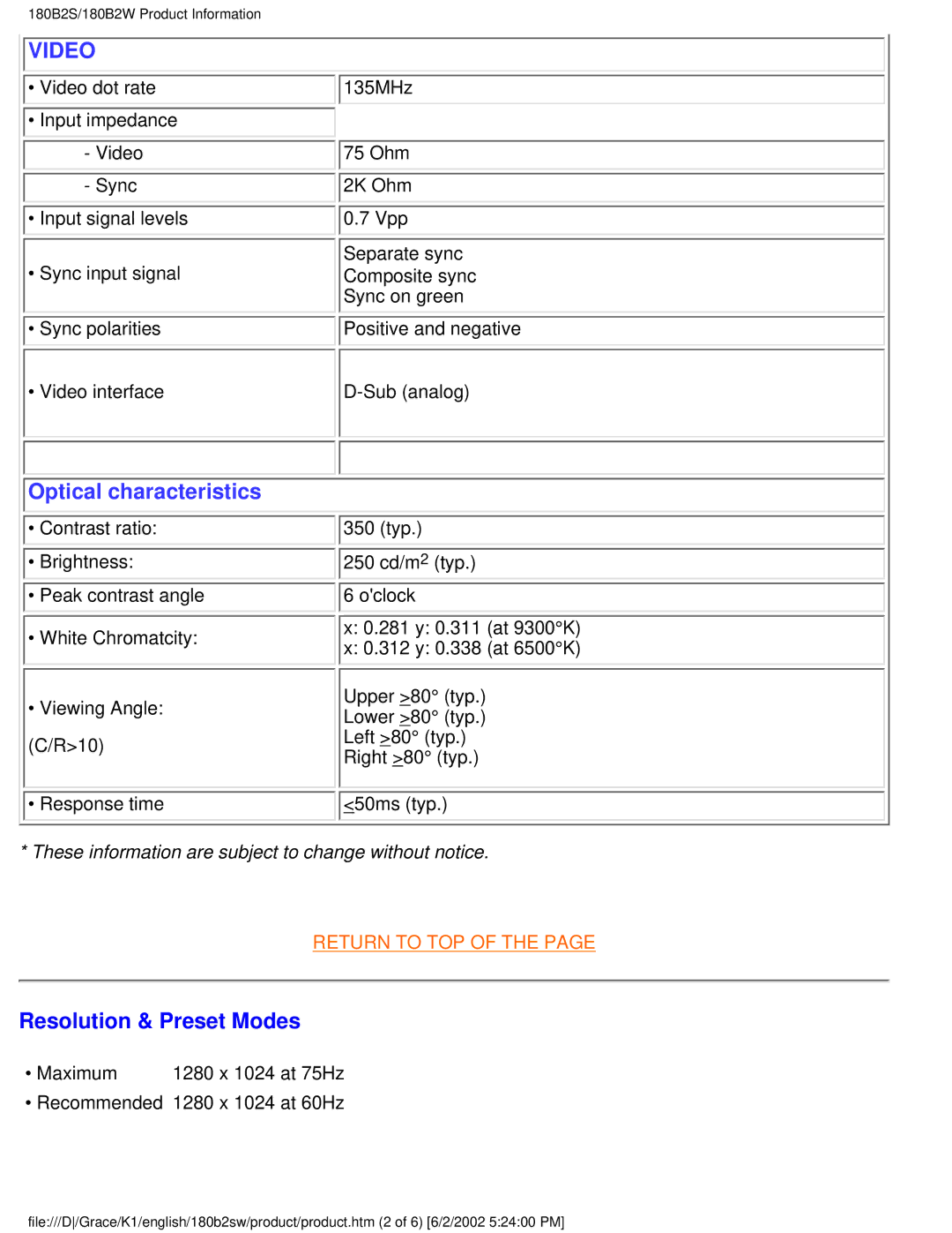 Philips 180B2S user manual Video, Resolution & Preset Modes 