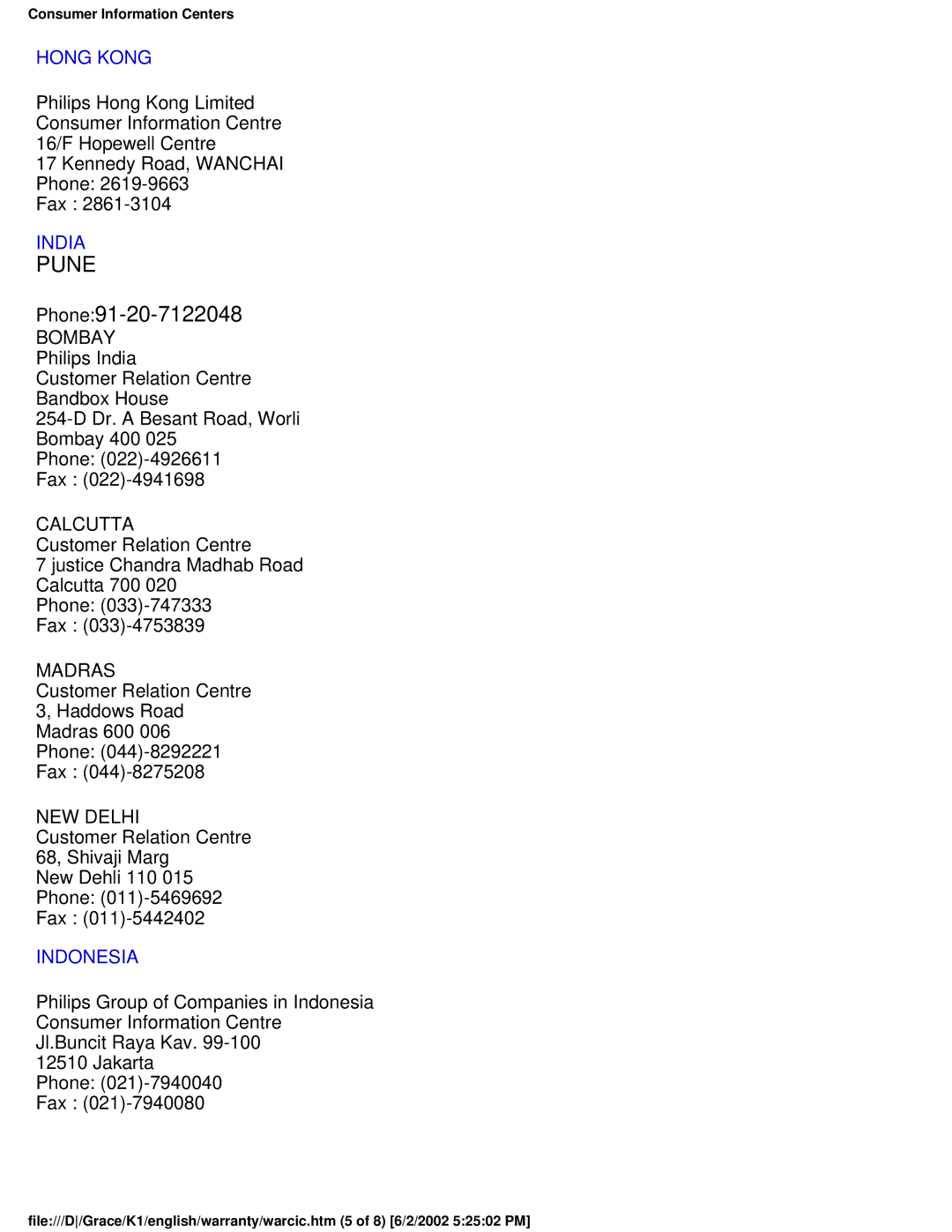 Philips 180B2S user manual Phone91-20-7122048, Hong Kong 