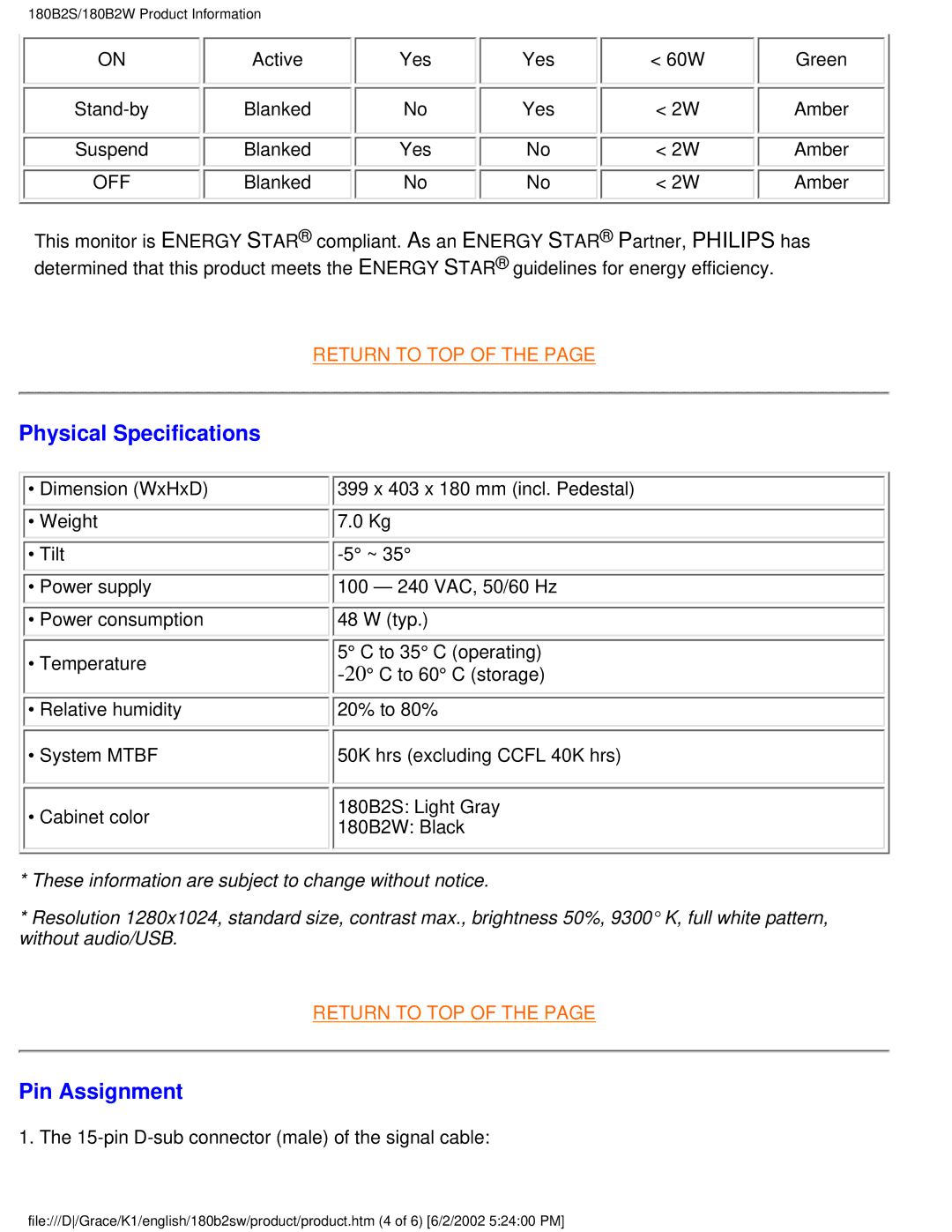 Philips 180B2S user manual Physical Specifications, Pin Assignment 