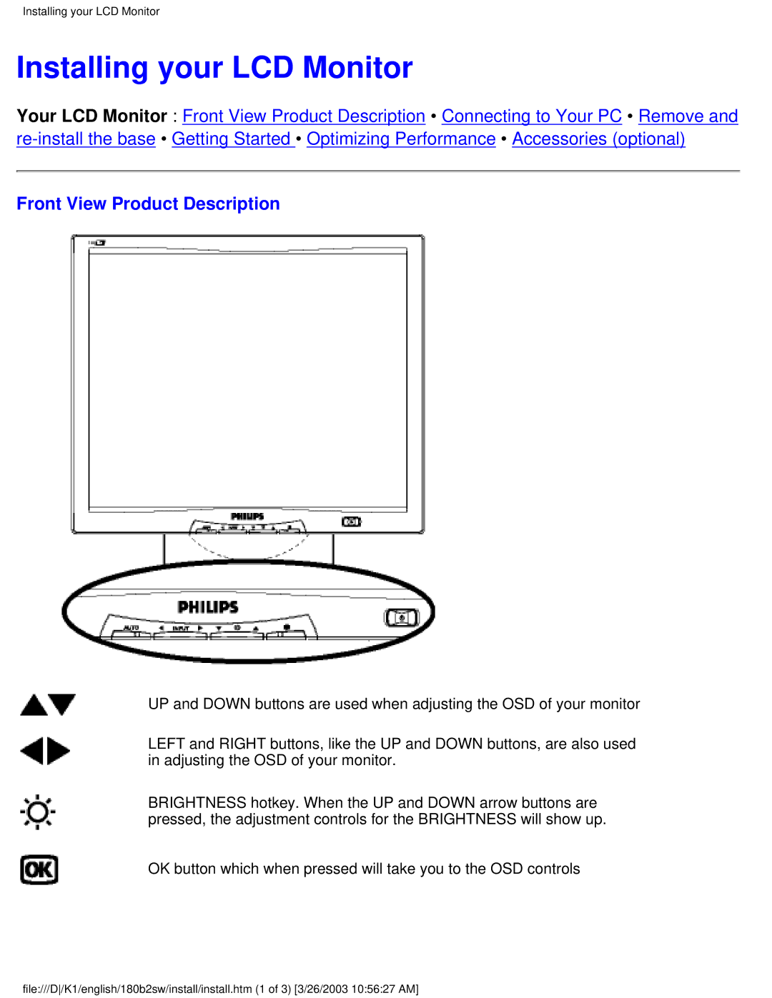 Philips 180B2W, 180B2S user manual Installing your LCD Monitor, Front View Product Description 