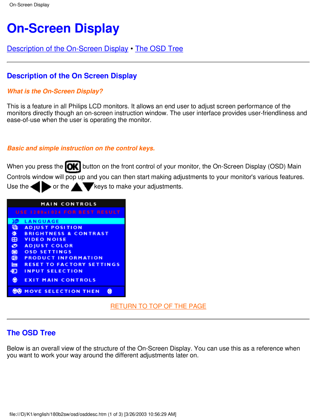 Philips 180B2S, 180B2W user manual On-Screen Display, Description of the On Screen Display, OSD Tree 