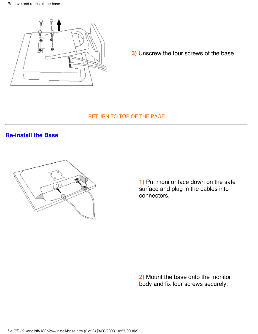 Philips 180B2W, 180B2S user manual Unscrew the four screws of the base, Re-install the Base 