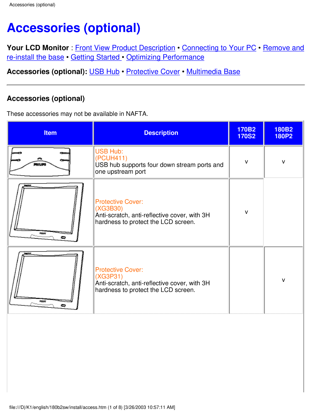 Philips 180B2S, 180B2W user manual Accessories optional 