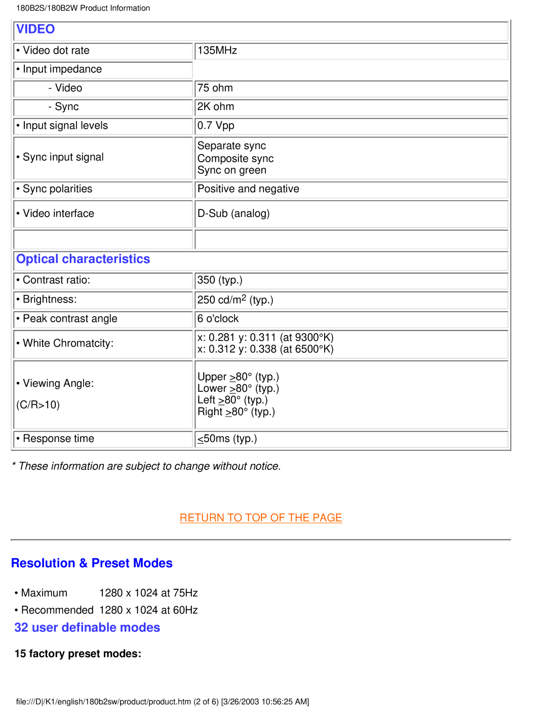 Philips 180B2S, 180B2W user manual Video, Resolution & Preset Modes 