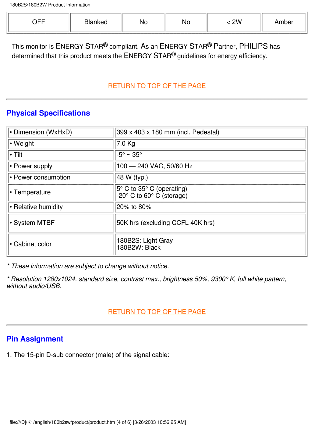 Philips 180B2S, 180B2W user manual Physical Specifications, Pin Assignment 