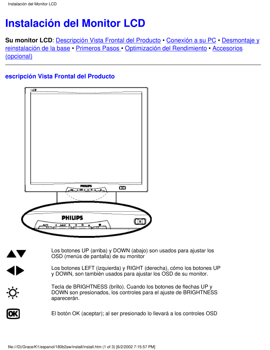 Philips 180B2W user manual Instalación del Monitor LCD, Escripción Vista Frontal del Producto 