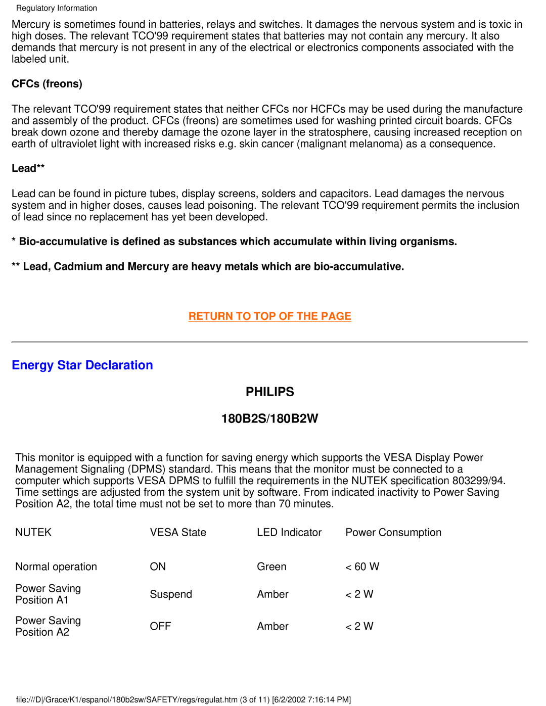 Philips 180B2W user manual Energy Star Declaration, CFCs freons 