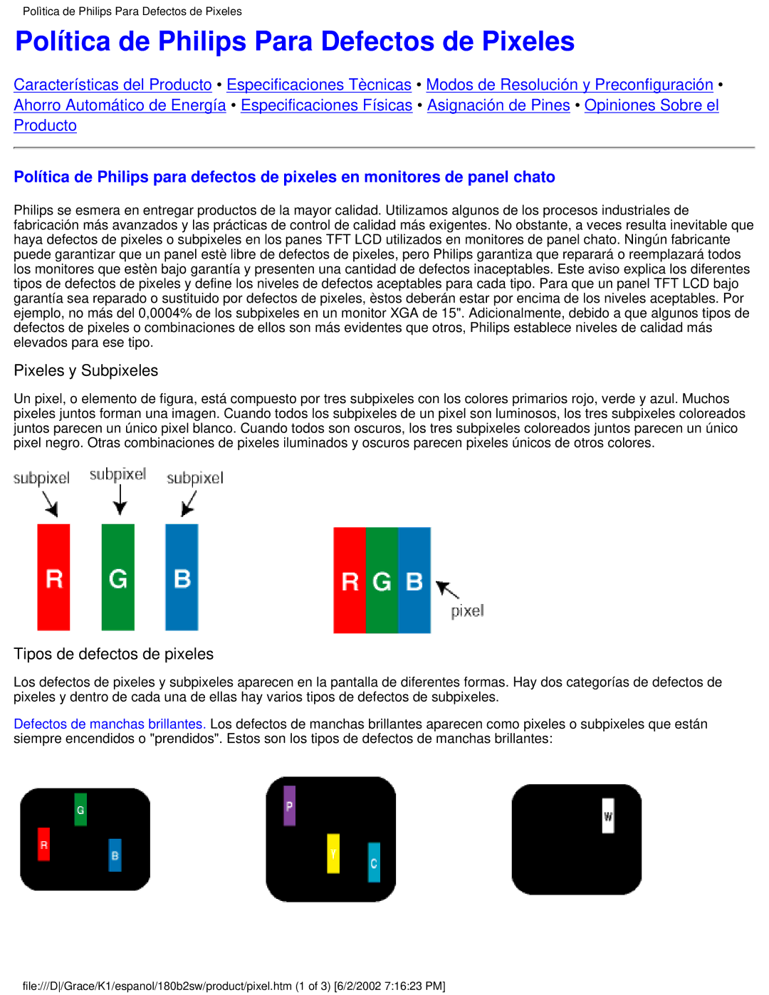 Philips 180B2W user manual Política de Philips Para Defectos de Pixeles 