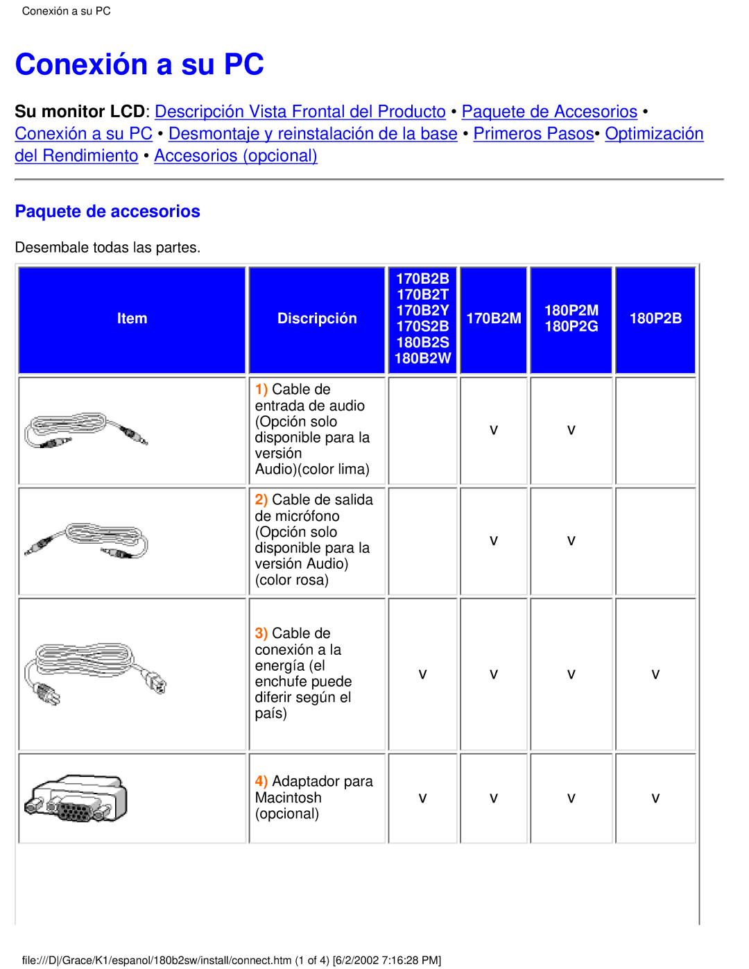 Philips 180B2W user manual Conexión a su PC, Paquete de accesorios 