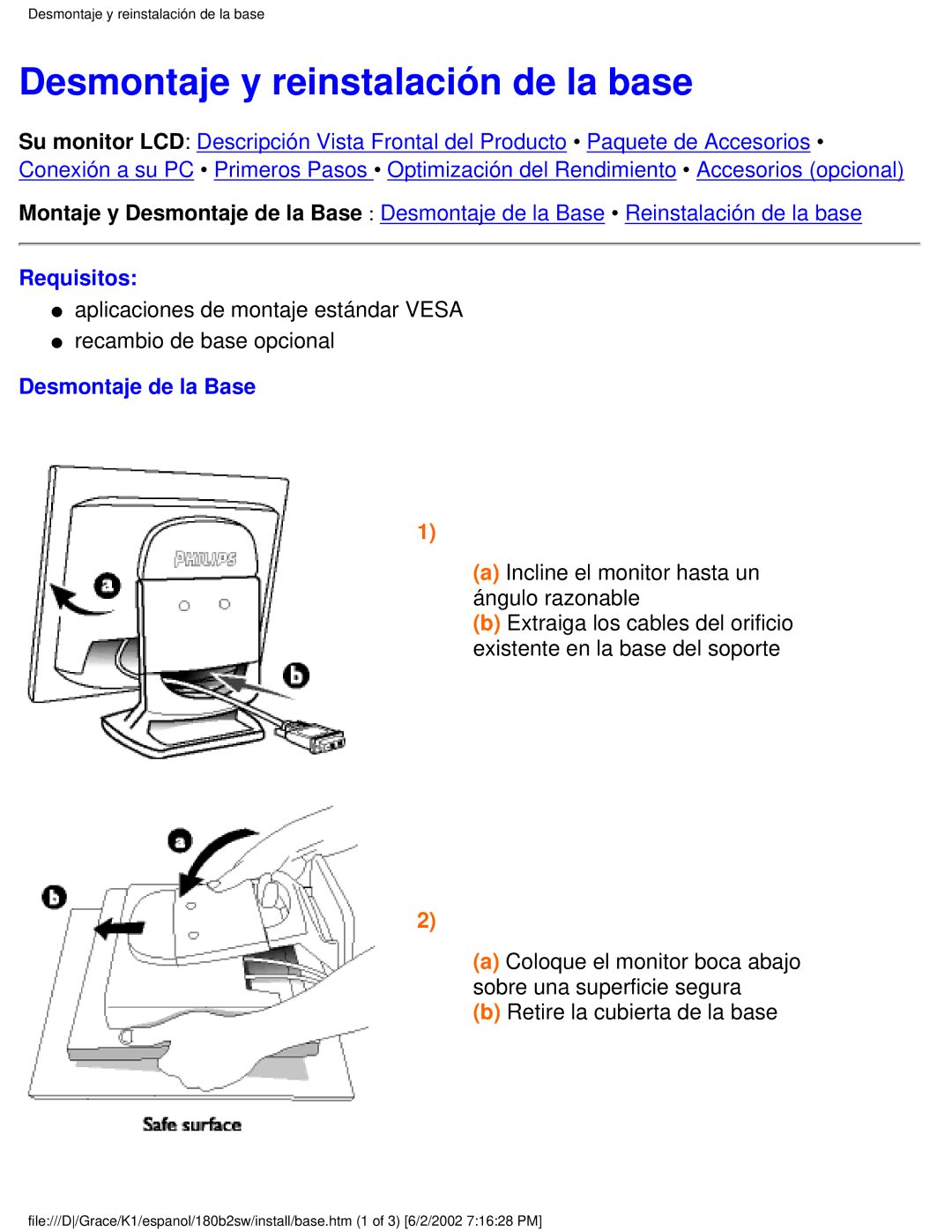 Philips 180B2W user manual Desmontaje y reinstalación de la base, Requisitos, Desmontaje de la Base 