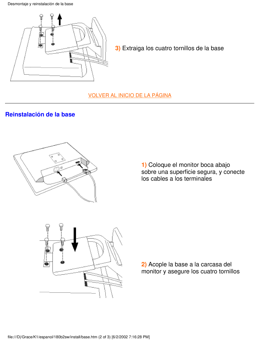 Philips 180B2W user manual Reinstalación de la base 