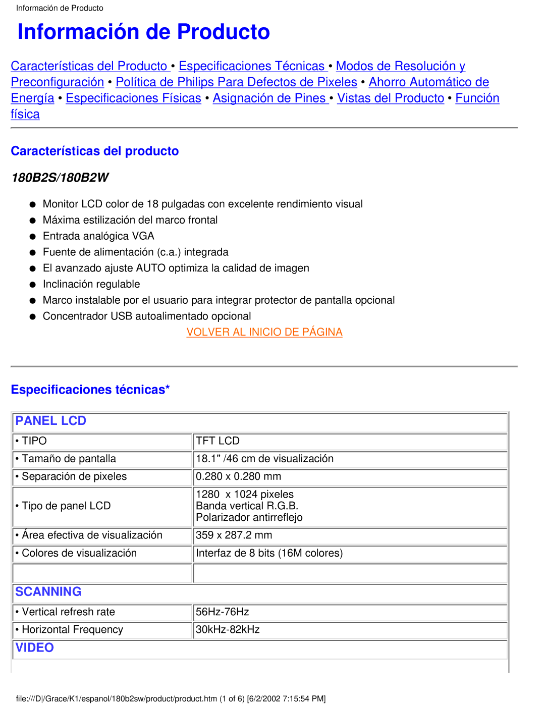 Philips 180B2W user manual Información de Producto, Características del producto, Especificaciones técnicas 