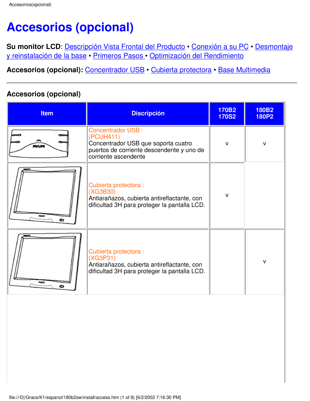 Philips 180B2W user manual Accesorios opcional 