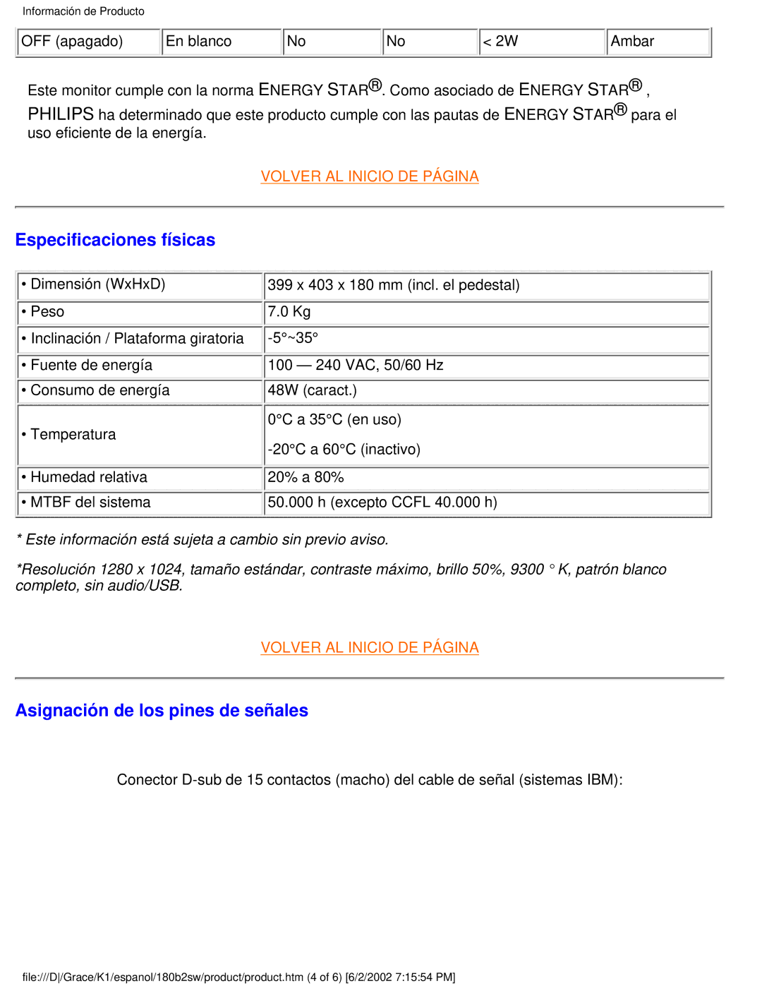 Philips 180B2W user manual Especificaciones físicas, Asignación de los pines de señales 