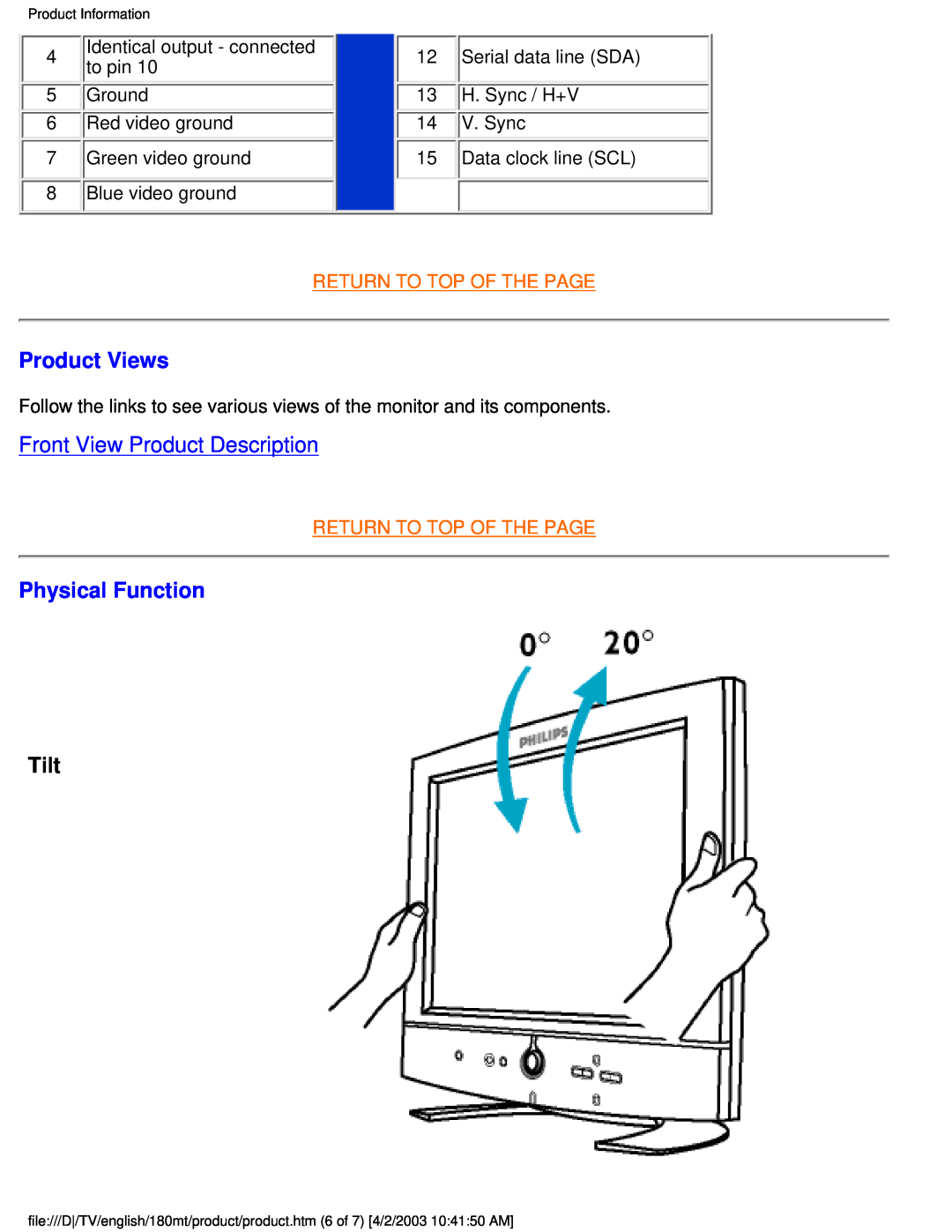 Philips 180MT manual Product Views, Front View Product Description, Physical Function, Tilt, Return To Top Of The Page 