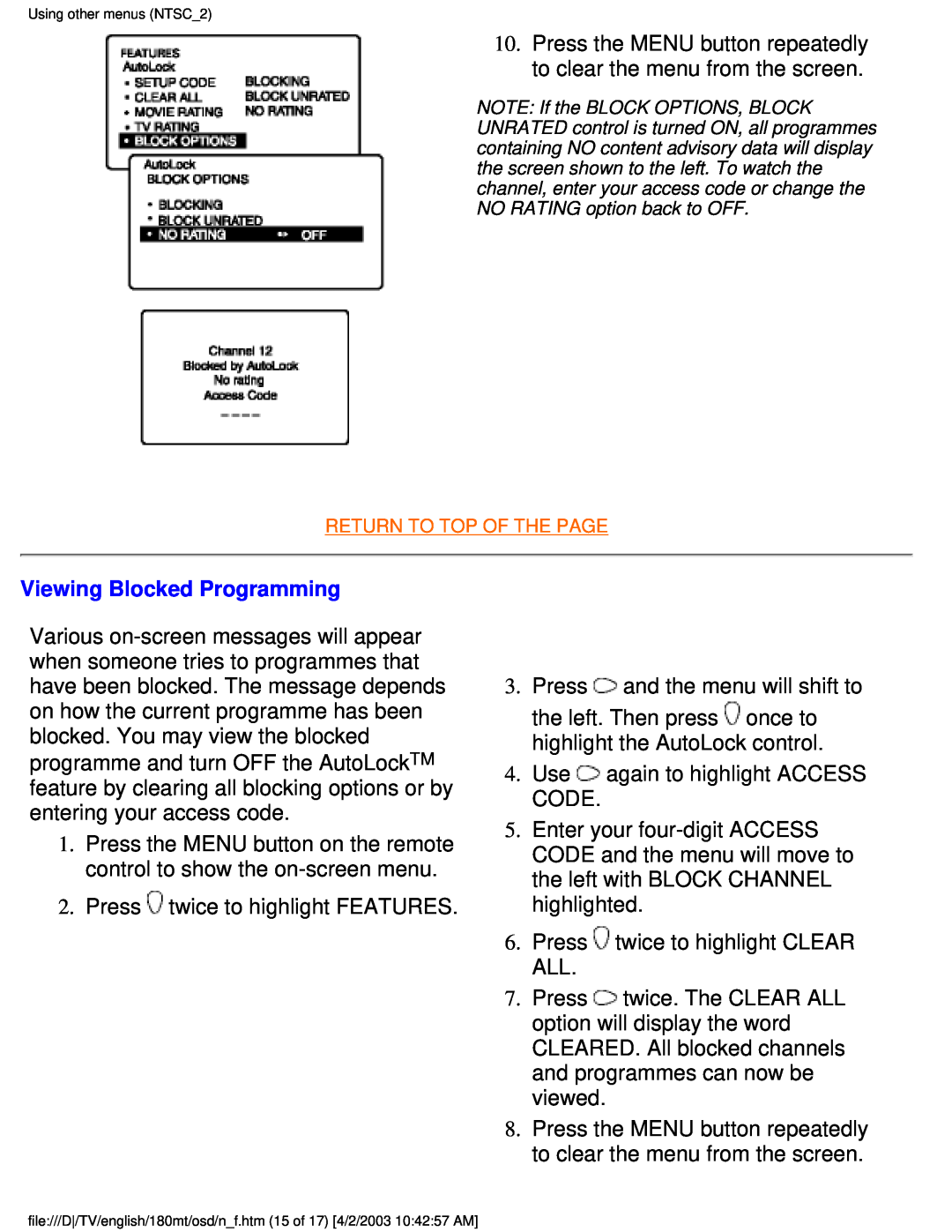 Philips 180MT manual Viewing Blocked Programming 