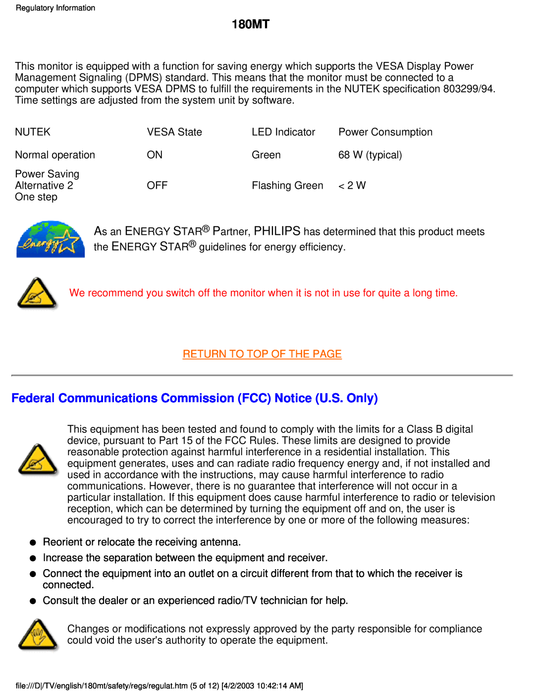 Philips 180MT manual Federal Communications Commission FCC Notice U.S. Only, Return To Top Of The Page 