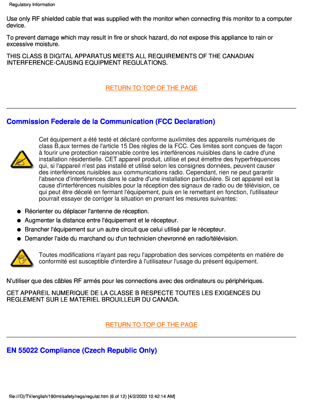 Philips 180MT manual Commission Federale de la Communication FCC Declaration, EN 55022 Compliance Czech Republic Only 