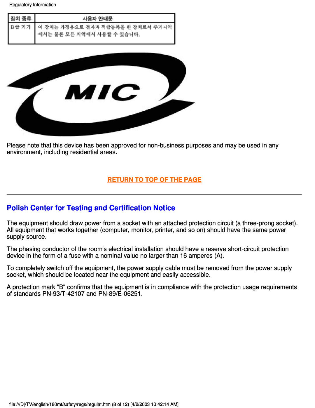 Philips 180MT manual Polish Center for Testing and Certification Notice, Return To Top Of The Page 