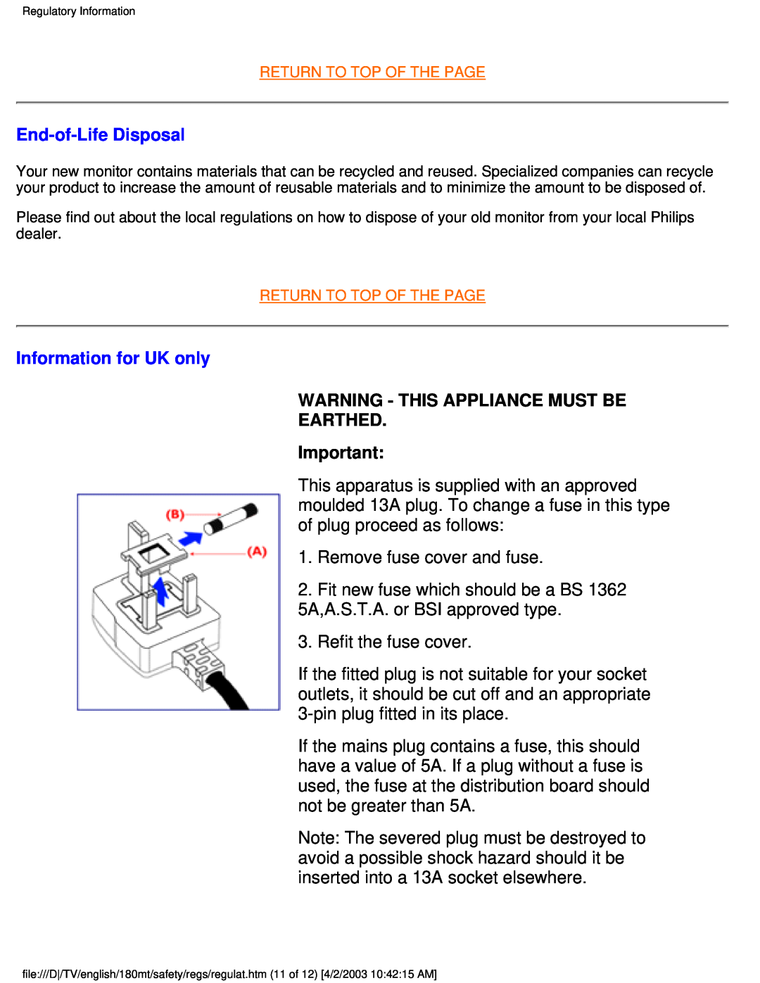 Philips 180MT manual End-of-Life Disposal, Information for UK only, Warning - This Appliance Must Be Earthed 
