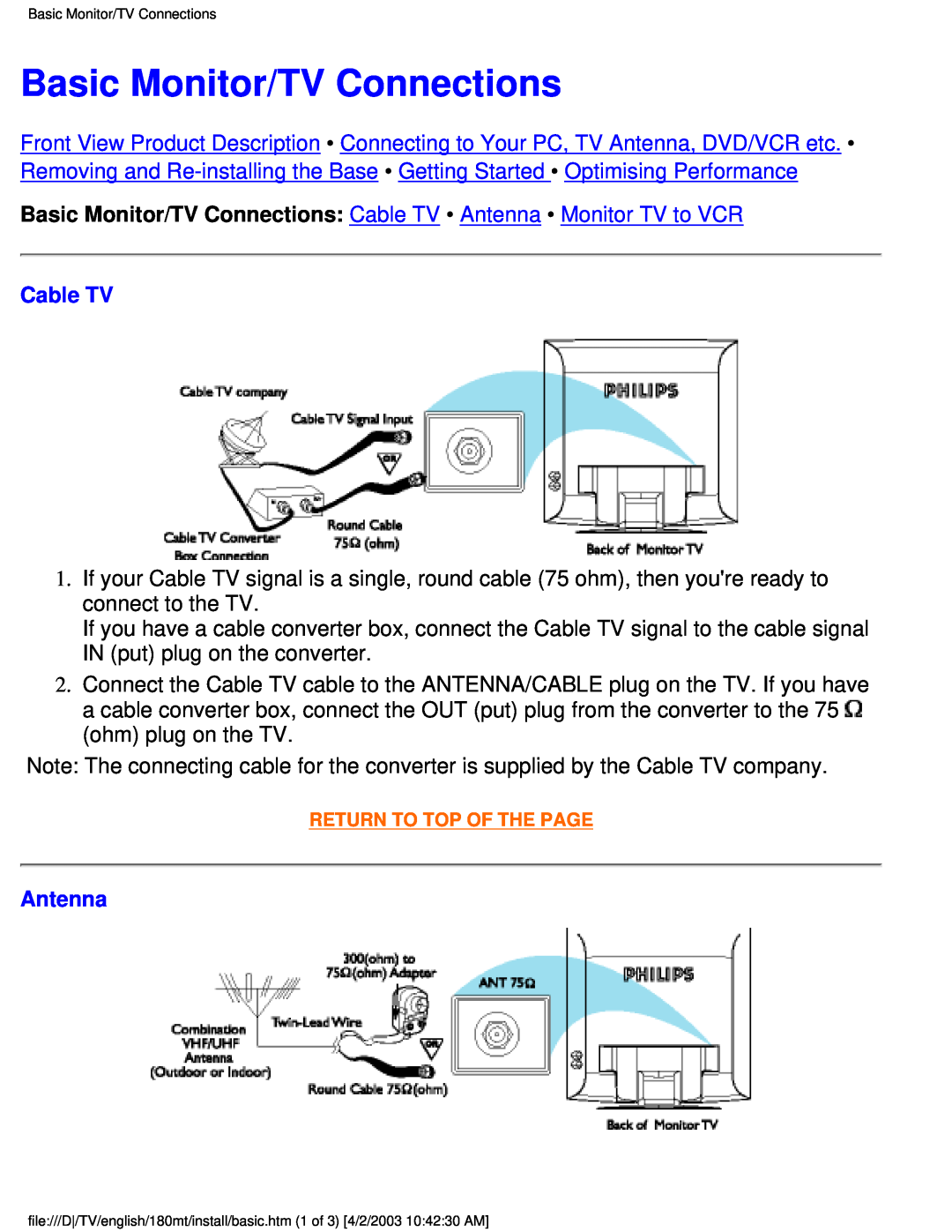 Philips 180MT manual Basic Monitor/TV Connections Cable TV Antenna Monitor TV to VCR 