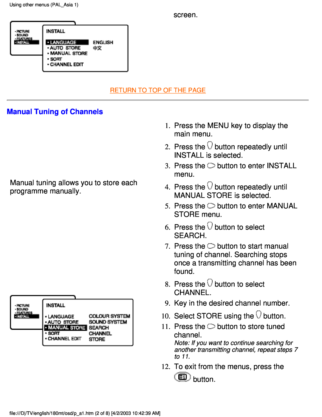 Philips 180MT manual Manual Tuning of Channels 