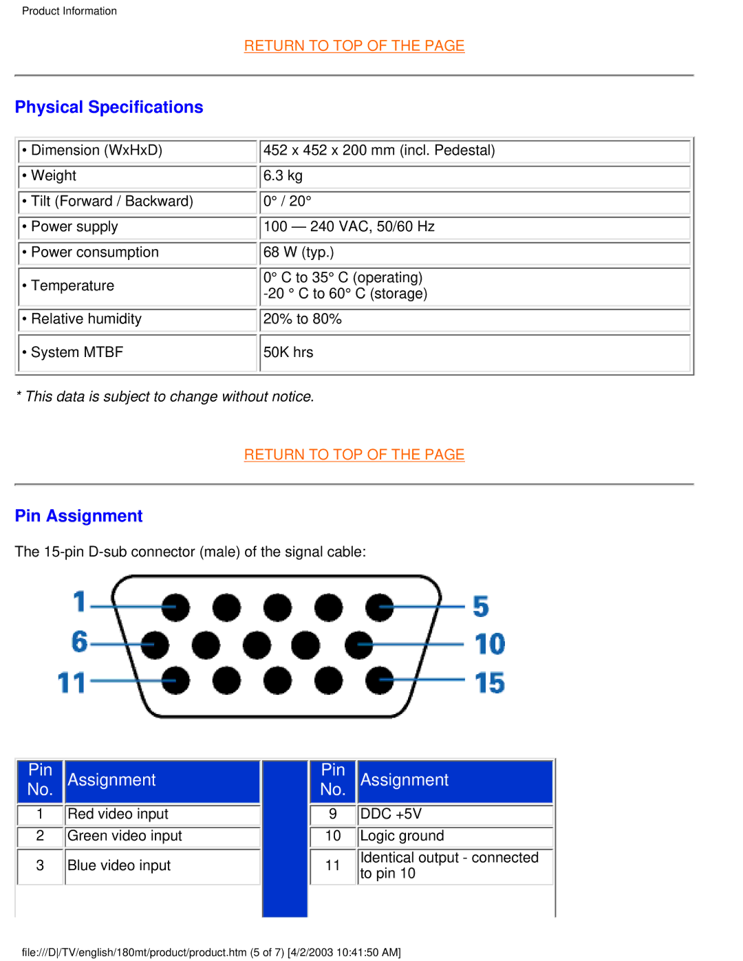 Philips 180MT manual Physical Specifications, Pin Assignment 