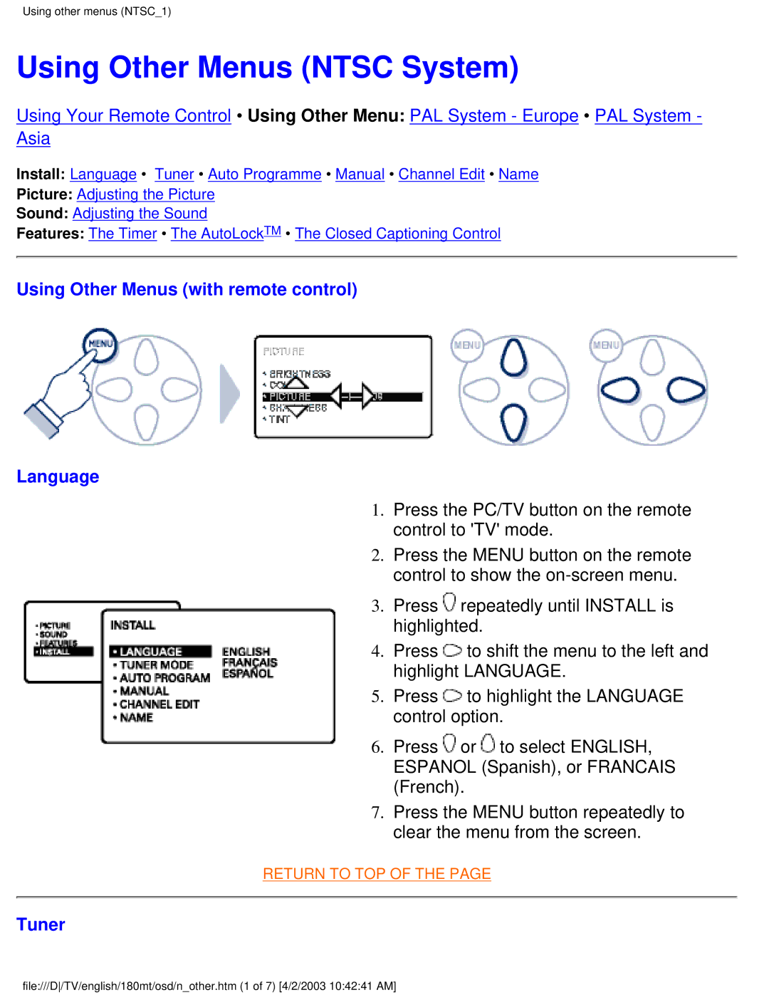 Philips 180MT manual Using Other Menus Ntsc System, Using Other Menus with remote control Language, Tuner 