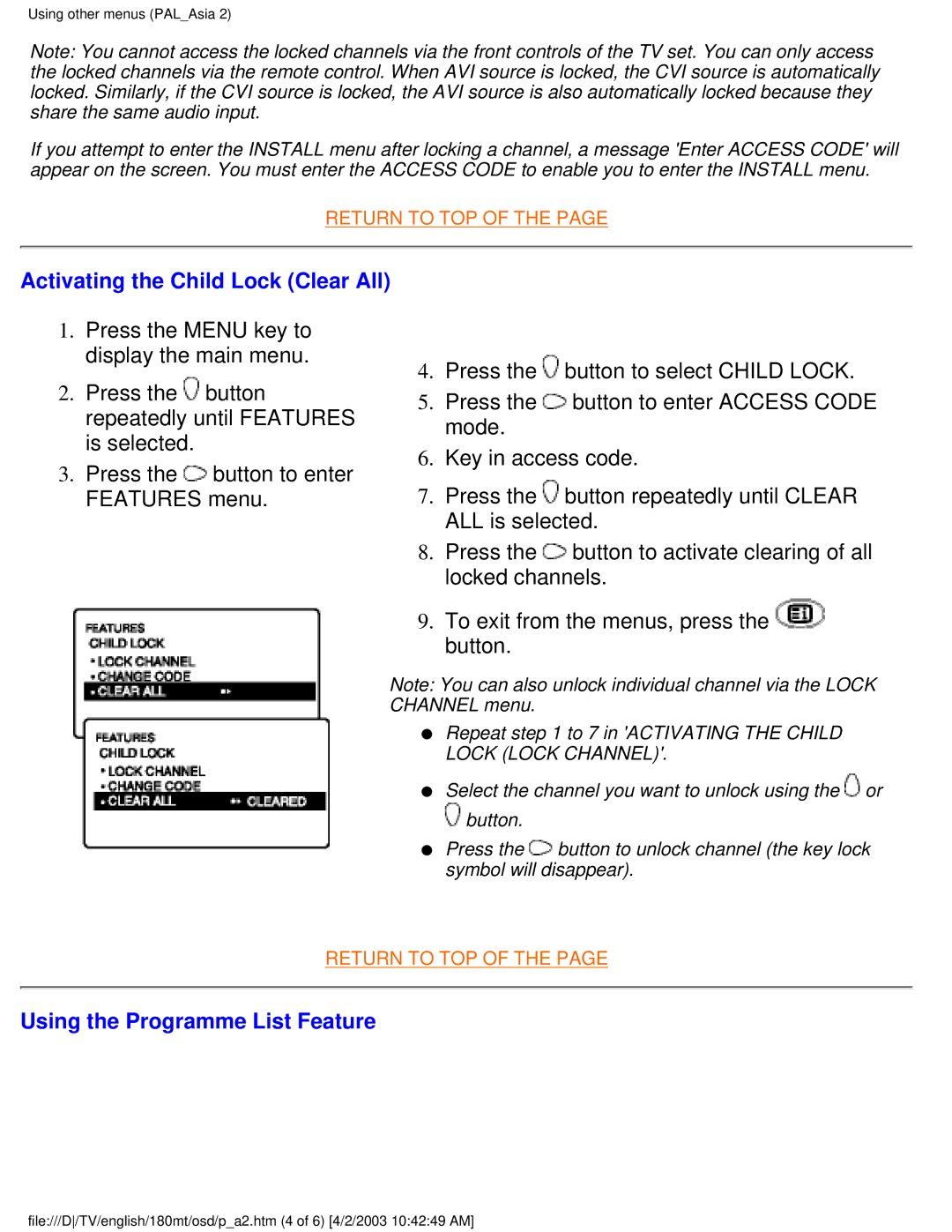 Philips 180MT manual Activating the Child Lock Clear All, Using the Programme List Feature 