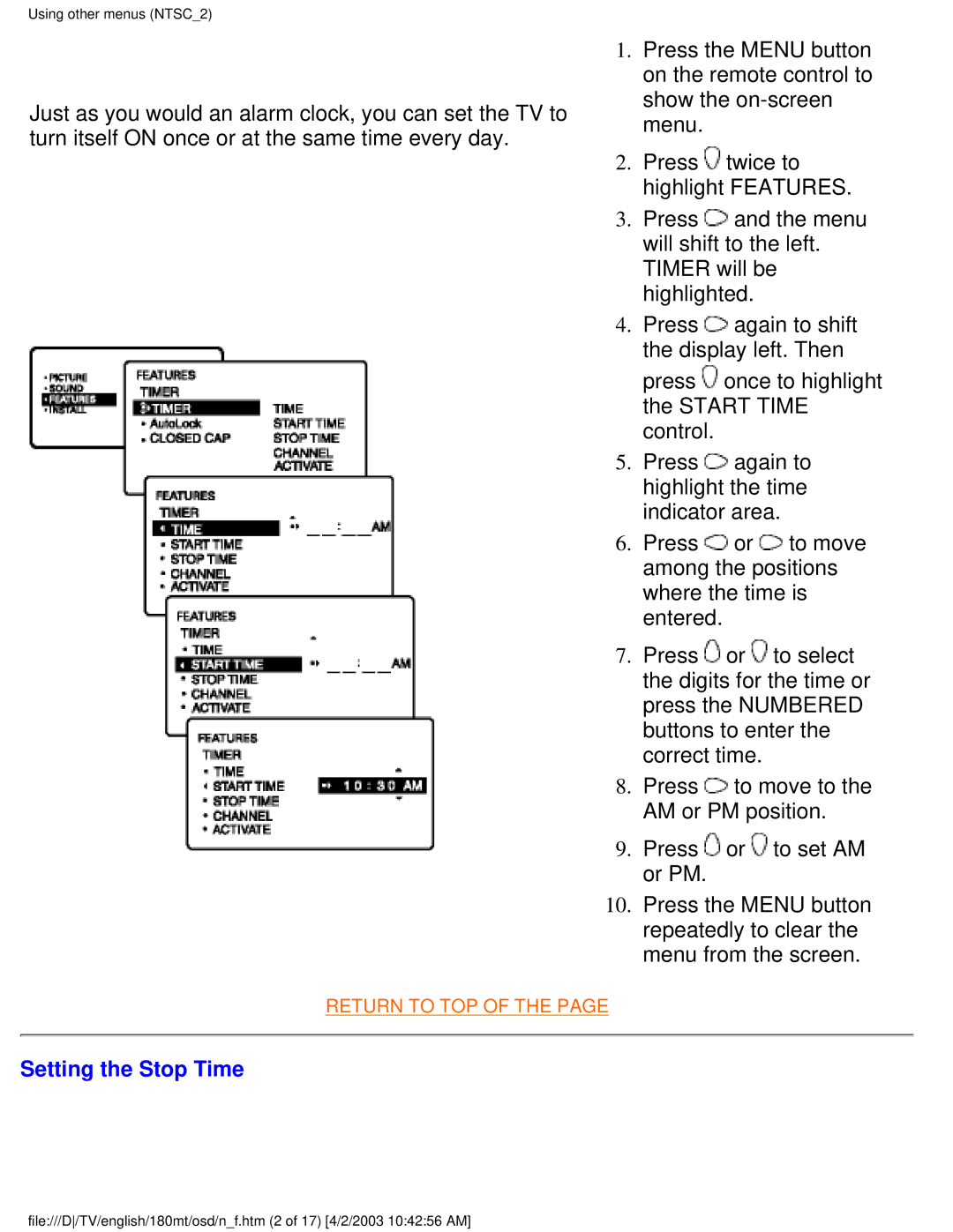 Philips 180MT manual Setting the Stop Time 