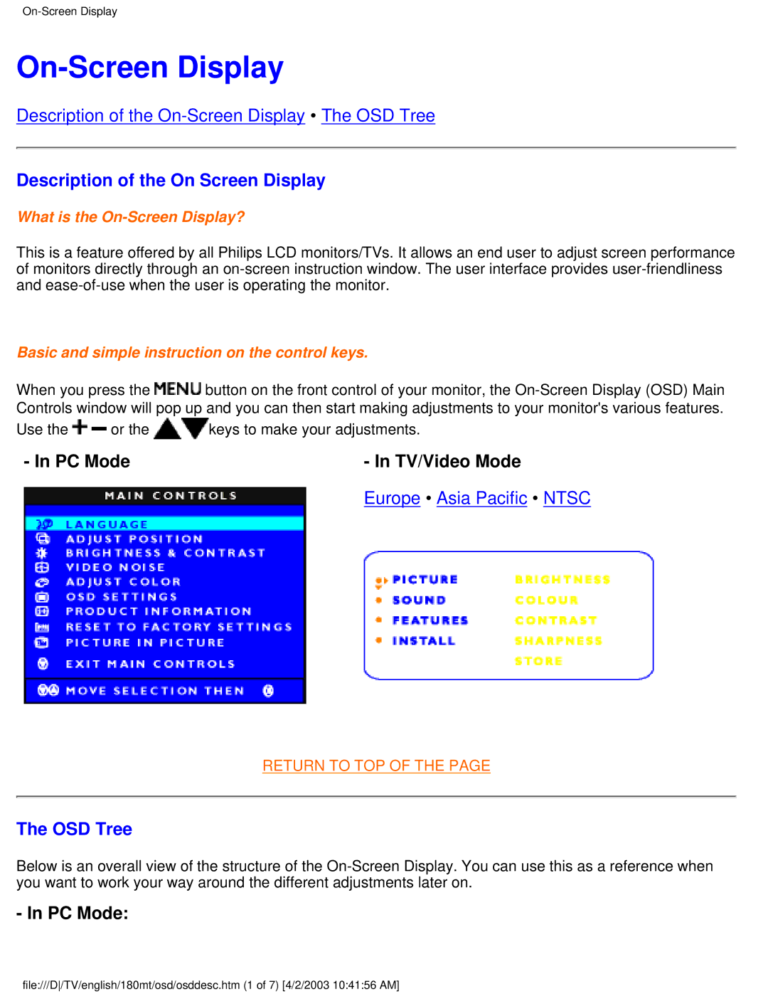 Philips 180MT manual On-Screen Display, Description of the On Screen Display, PC Mode TV/Video Mode, OSD Tree 