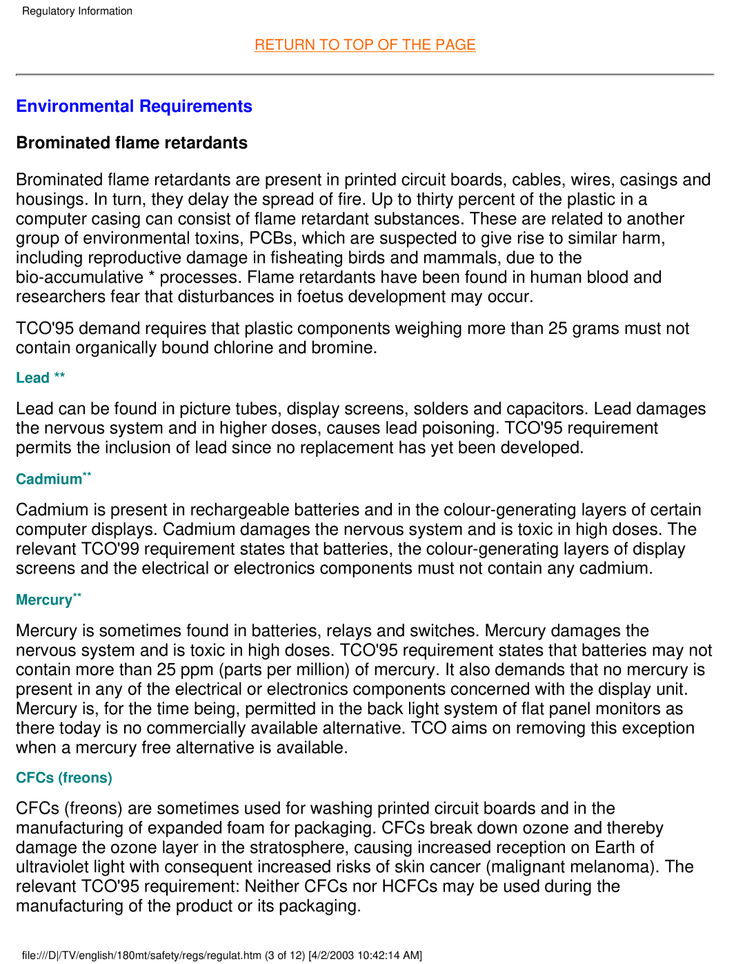 Philips 180MT manual Environmental Requirements, Brominated flame retardants 