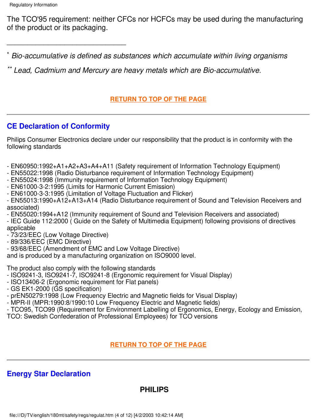 Philips 180MT manual CE Declaration of Conformity, Energy Star Declaration 