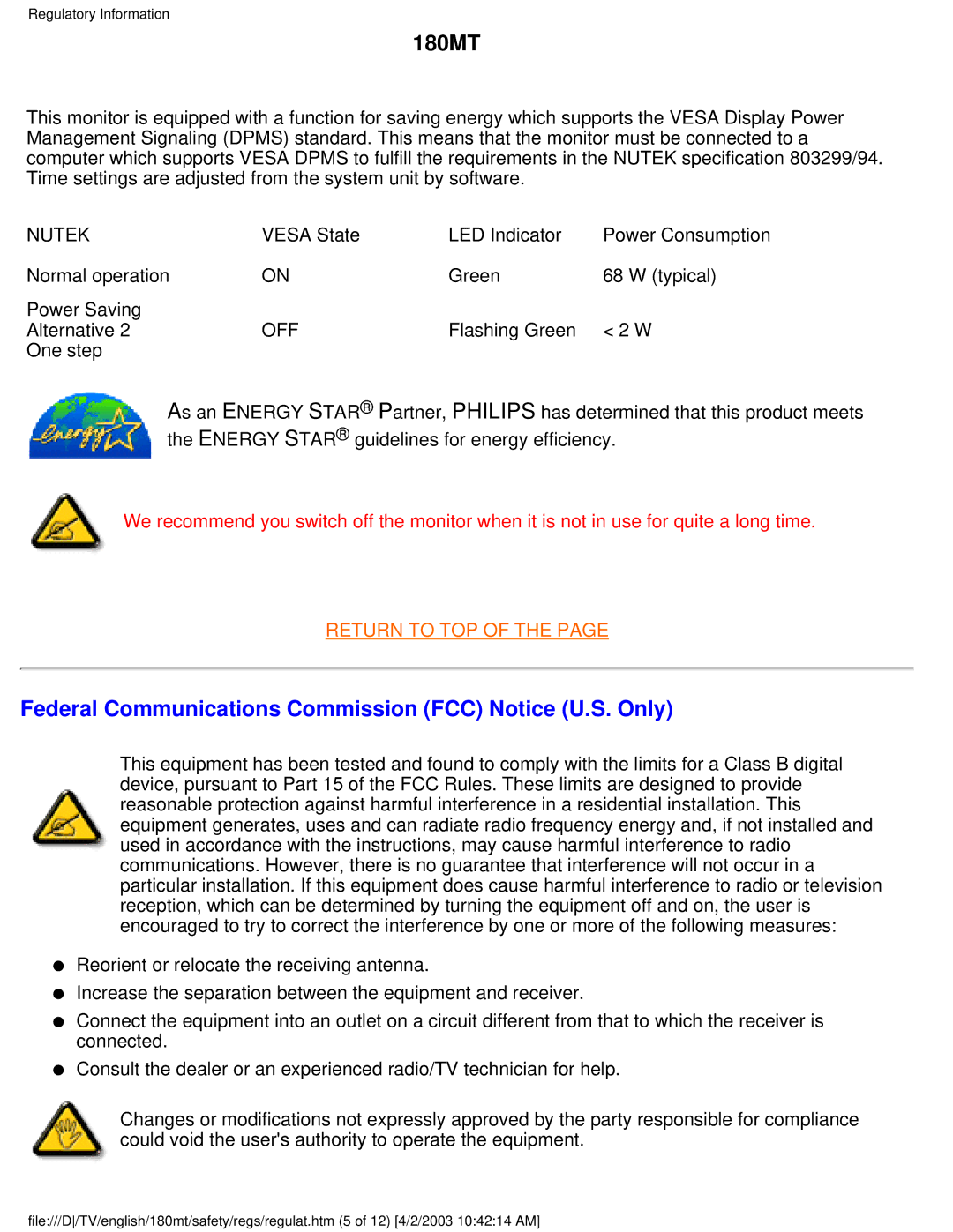 Philips 180MT manual Federal Communications Commission FCC Notice U.S. Only, Nutek 